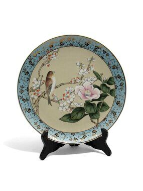 Asahi Japan Plate Bird & Flower Blossoms Blue Gold Border 10"